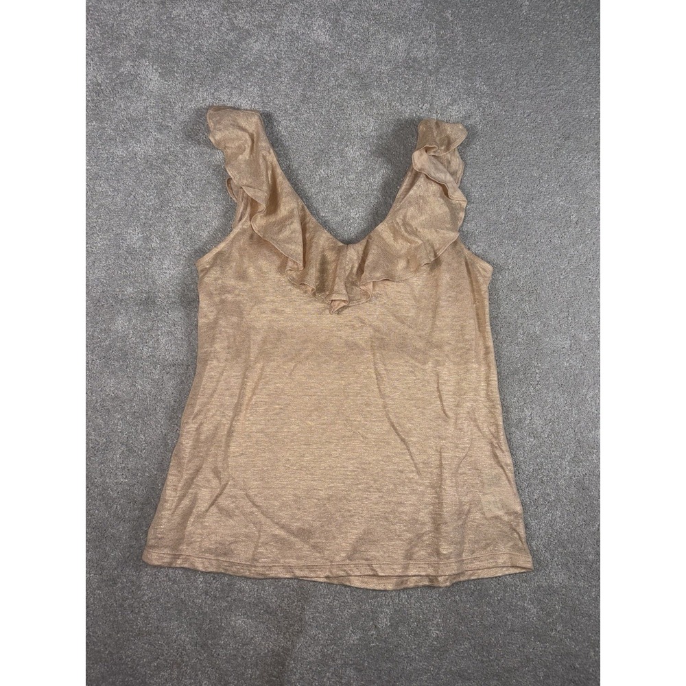 Lilly Pulitzer Alessa Tank Top Sand Dune Women Xxs 100% Linen Gold Ruffle Resort